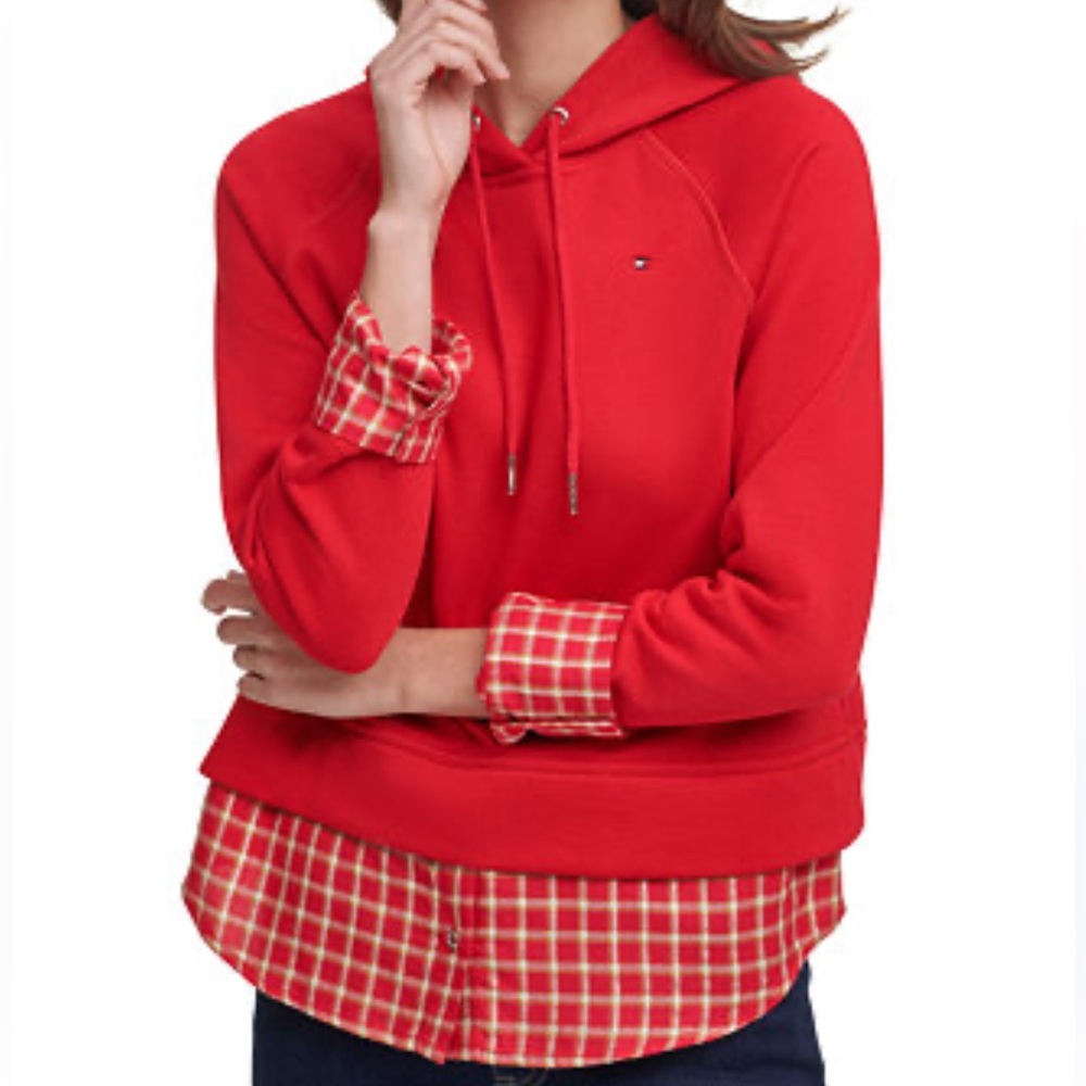 Tommy Hilfiger Red Hoodie with Checkered Hem